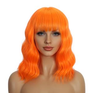 Orange Wigs with Bangs for Women 14 Inch Short Wavy Bob Wigs With Bangs Synthetic Bob Wig Curly Wig Heat Resistant Colorful Wavy Wig Cosplay Wigs