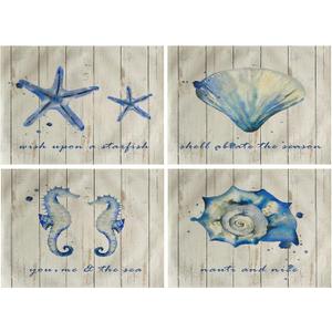 4Pack Vintage Sea Placemats Wood Grain Starfish Hippocampus Seashells Ocean Theme Table Mats Waterproof Heat Resistant Washable Non-Slip Place Mats for Dinner Room Kitchen Decor Table 1216 (Beige)