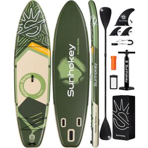 SUNHOKEY 11'×34'' Extra Wide Inflatable Paddle Board with Seam Welded Technology, Stand Up Paddle Board, 420lb Capacity for Adults, Sup Board for All-Level with 2-Blade Paddle/ Dual-Action Pump/ Leash