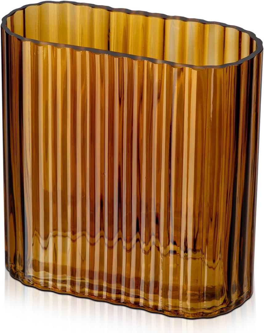 Amber Glass Vase 6.7 Inch Ribbed Glass Vase for Flowers Unique Fluted Vase Decorative Modern Vase for Wedding Home Office Dinning Living Room Shelf Table Centerpieces