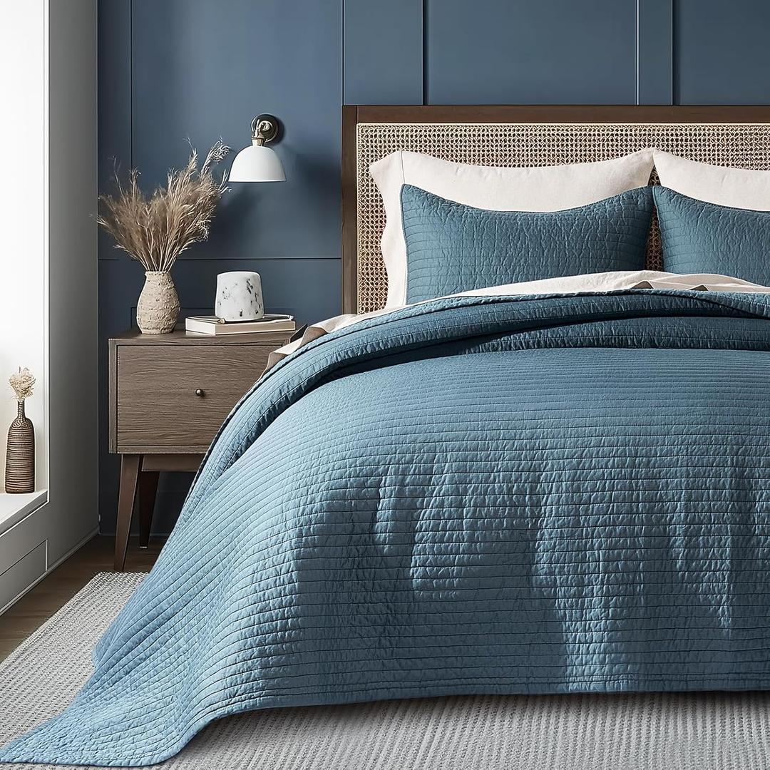 EVERGRACEHOME Cotton Sateen Quilt Set King Size, Pre-Washed Cotton Channel Stitch Coverlet Bedspread, 3 Pieces Lightweight Soft Bedding Sets for All Season, with 2 Pillow Shams, Sonoma Blue (King/Cal King (108" X 96"))