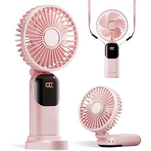 GOCKERA Portable Fan, 4200mAh Battery Operated Fan, 5 Speeds&Digital Display, Makeup Fans for Women with Base, 180°Foldable 3in1 Handheld/Neck/Desk Fan for Outdoor Indoor,Ultra Quiet (Pink)