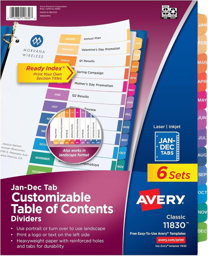 Avery JanDec Dividers for 3 Ring Binders, 12 Per Set, Customizable Table of Contents, Multicolor, Organizing Reports & Projects (6 Sets of 11830)