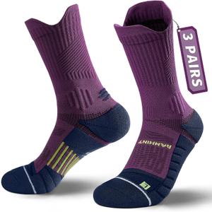 Compression Running Socks 3 Pairs, Cushion Crew Socks, Anti-Blister Moisture Wicking Athletic Hiking Basketball Socks (6-9, Purple)