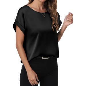 ANRABESS Women's Summer Dressy Casual Short Sleeve Shirts Crewneck Silk Satin Business Office Work Blouse Tops (Large, Black)