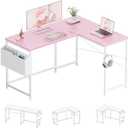 Pamray 47 Inch Reversible L Shaped Gaming Desk Corner Computer Desk with Storage Bag Home Office Table for Writing Study Pink