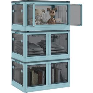 Kaimei 3 Collapsible Stackable Storage Bins with Wheels and Lids for Bedroom, Living Room, Office, 18 Gallon, Blue