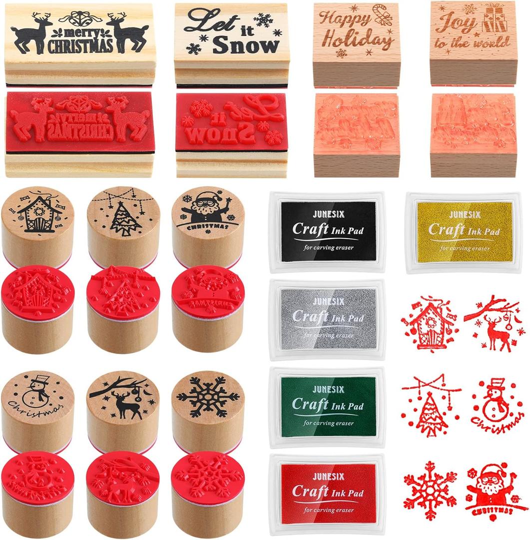 Woanger 15 Pieces Christmas Wooden Rubber Stamps and Craft Ink Pads Wooden Rubber Stamp for Scrapbooking and DIY Craft Card Wood Fabric Christmas Holiday