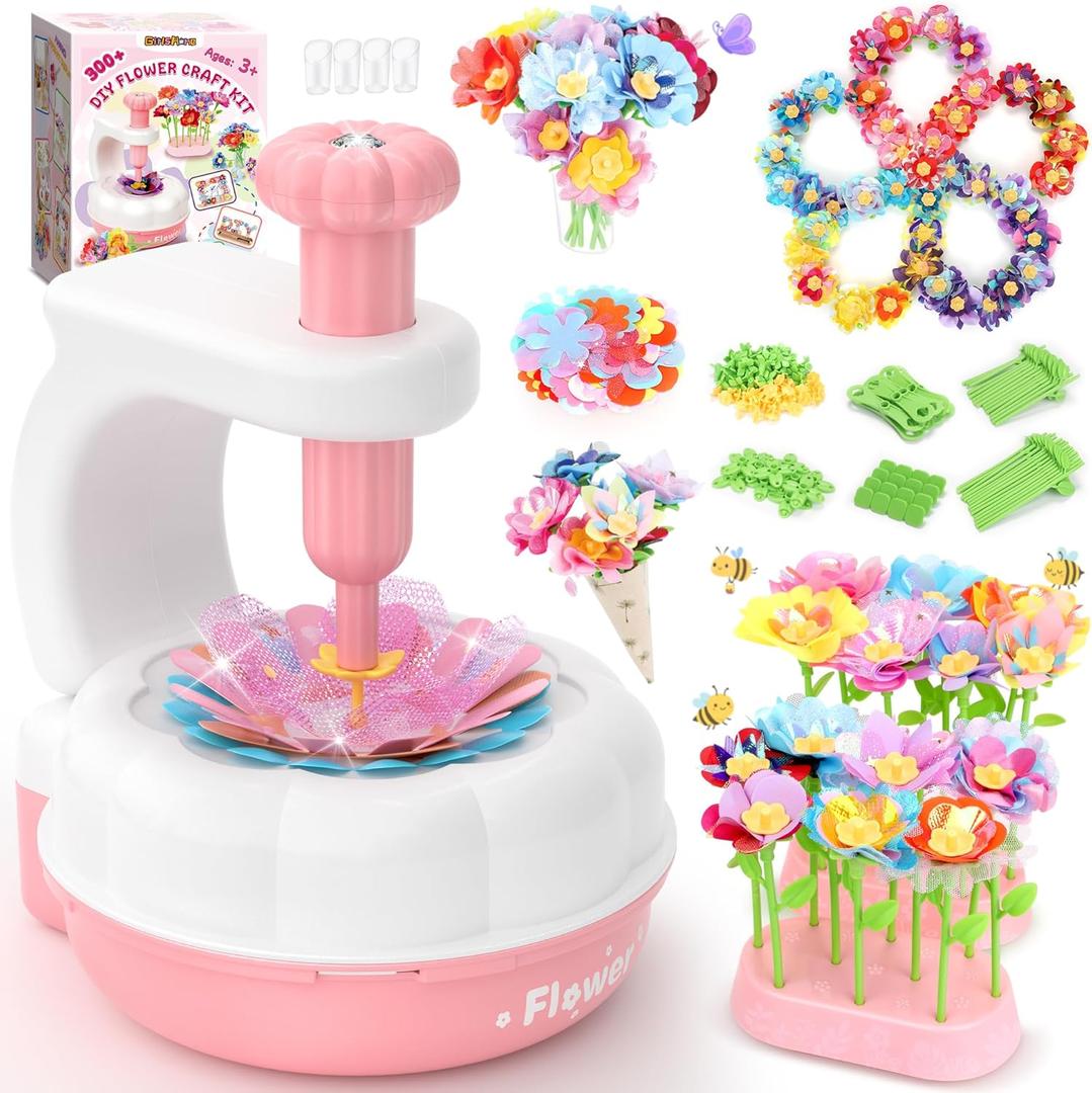 GirlsHome 300+PCS Fabric Flower Bouquets Toys, DIY Flower Making Kit for Kids, Arts and Crafts for Kids, Reusable STEM Educational Preschool Toy, Birthday Gifts for 4 5 6 7 8+ Years Old (White Pink)