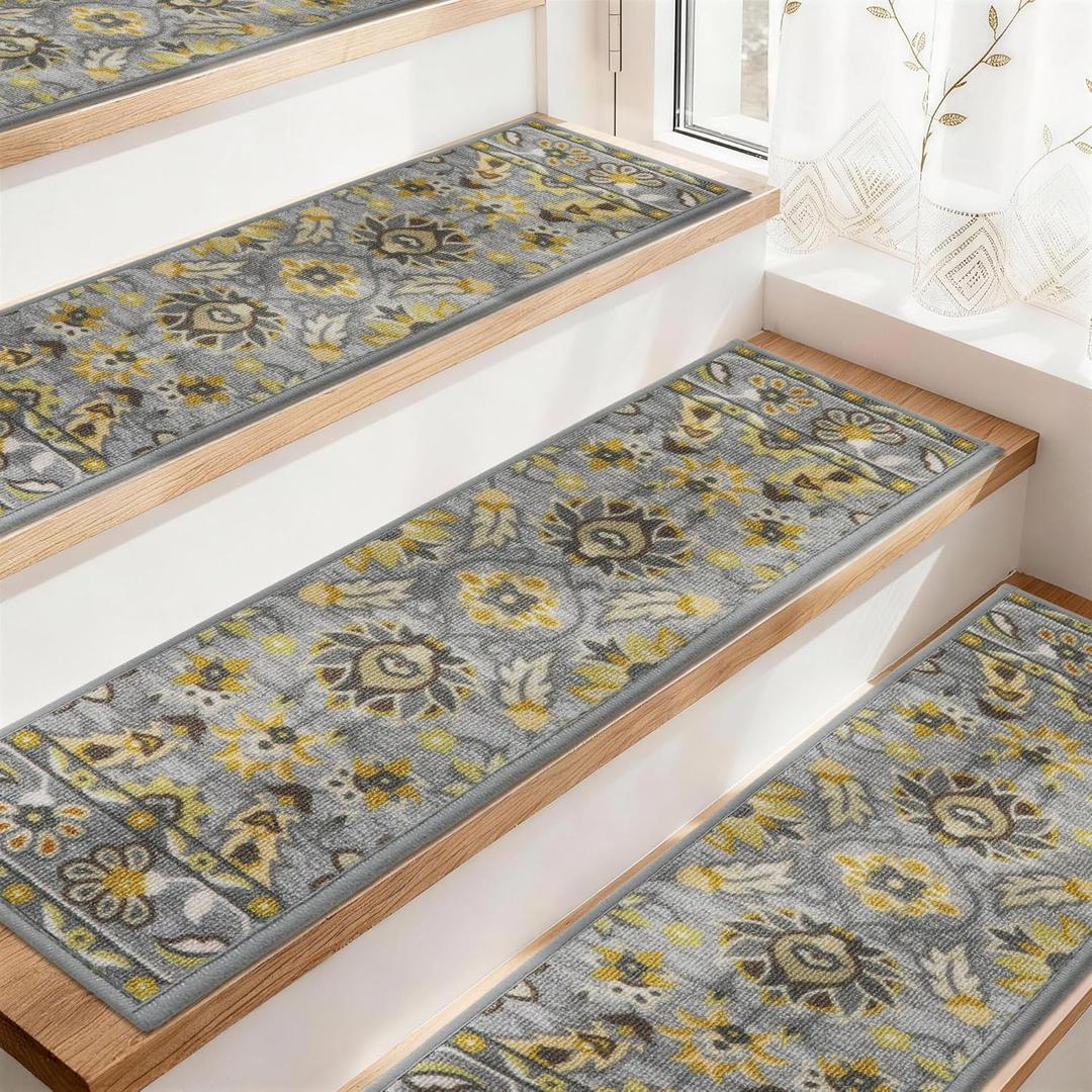 COSY HOMEER-Stair-Treads-for-Wooden-Steps Washable Indoor Carpet Stair Treads Non Slip 8" X 30" Soft Stair Carpet Treads Reusable Peel and Stick Stair Runner Rug for Kids, Elders and Pets 4pcs (Grey/Yellow)