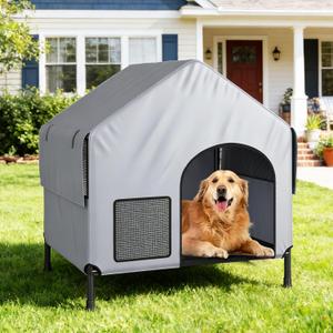 39 Outdoor Dog House for Large Dogs, Dog Kennel with Weatherproof 600D PVC Canopy, Dog Shelter with 6H Elevated Dog Bed Breathable, Dog Tent up to 90lbs