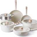 Country Kitchen Non-Stick Cast Aluminum Cookware Set - Durable Kitchen Cookware for Everyday Cooking, Cream Round Handle, 11 Pc.