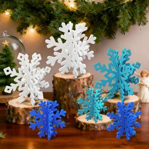 12 Pcs Christmas Snowflake Decorations - 3D Snowflake Table Centerpieces, White Wooden Snowflakes for Winter Wonderland & Holiday Table Decor (White, Blue, Dark Blue)