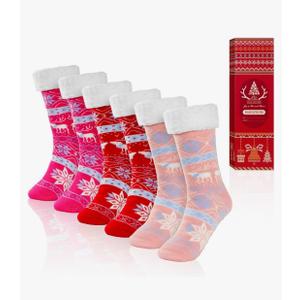 3 Pairs Christmas Fuzzy Warm Slipper Socks for Women,Soft Sherpa Fleece Lining Socks with Grippers Non Slip,One Size