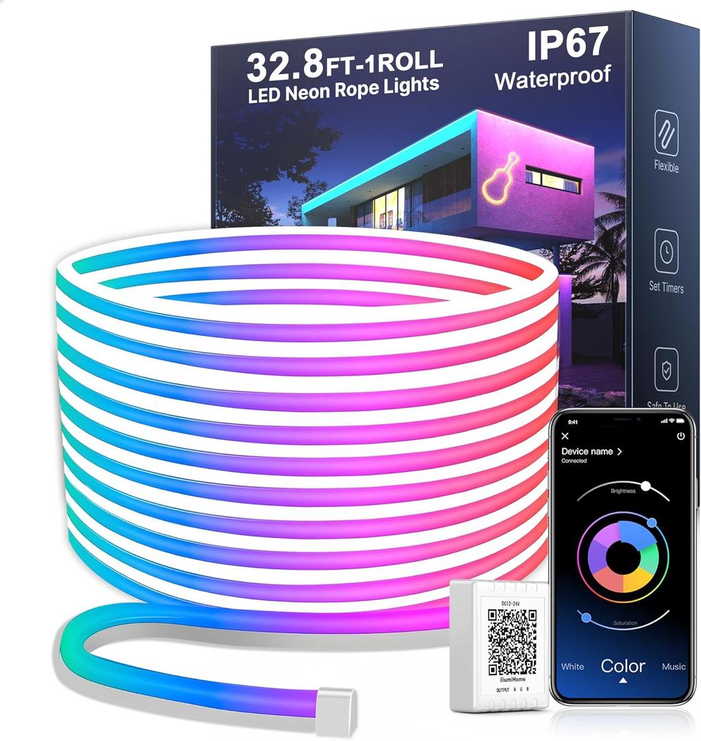 Nexillumi 32.8FT Neon LED Rope Lights IP67 Waterproof LED Lights for Bedroom Flexible LED Light Strip with Remote and APP Control RGB Lighting Strip for Indoors Outdoors Bedroom Room Home Decor