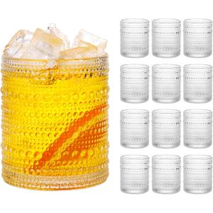 Moretoes Hobnail Drinking Glasses Set of 12,10 Oz Cocktail Glasses Vintage Glassware, Textured Glass Cups Bubble Glasses Water Glasses Old Fashion Jupiter Glasses Set (Clear)