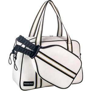 PU Leather Women Sports Shoulder Gym Bag Pickleball Duffle Bag Pickleball Tote Bag with Front Pocket for 2 Paddles, Inner Storage Pockets, Mesh Water Bottle Holder and Adjustable Shoulder Strap (White)