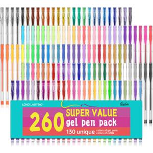 feela Gel Pens Set, 260 Pack 130 Colored Gel Pens Plus 130 Refills for Adult Coloring Books Drawing Kid Doodling Writing Sketching Highlighter Art Markers