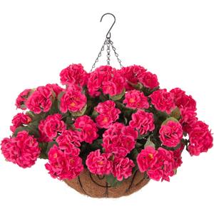 INSPRING Geraniums Artificial Flowers Hanging Basket for Outdoors Outside Spring Decoration, 8 Bundles Silk Flowers Fake Plants Look Real UV Resistant for Porch Home Patio Balcony Yard, Hotpink