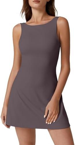 QINSEN Womens Open Back Tennis Dress Sleeveless Built in Shorts Golf Athletic Dress with Pockets Size M