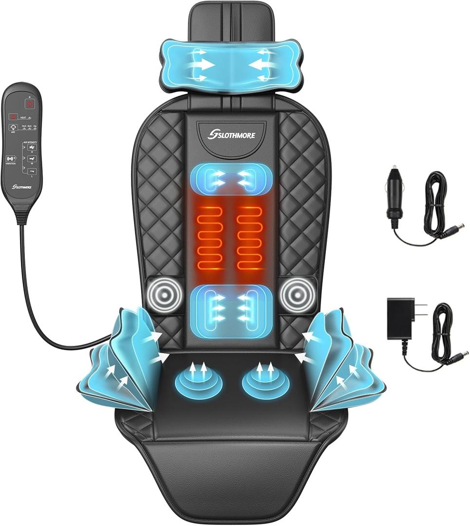 Back Massager with Heat & Traction & Vibration, Seat Massager Pad for Pain Relief Deep Tissue, Lumbar Traction, PU Leather, Foldable, for 5 to 61, Massage Chair Pad for Office Home (Dark Black)