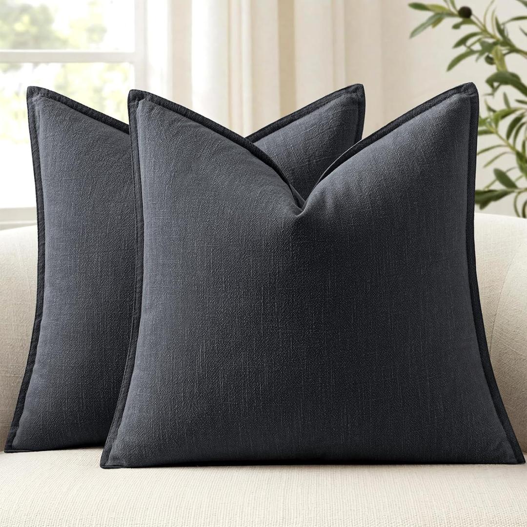 ANRODUO Pack of 2 Decorative Linen Pillow Covers Dark Gray Neutral Farmhouse Boho Soild Cushion Case Soft Accent Pillowcase for Couch Sofa Bedroom Living Room Summer Home Decor 22 x 22 Inch
