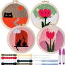 XunYee 4 Sets DIY Punch Needle Kits for Adult Beginners Cute Cat with Flower with Hoop Punch 8 Inch DIY Needle Embroidery Sets Starter Craft Set Easy for Adults Children Festival Gift Decoration