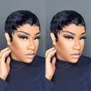 Short Straight Pixie Cut Wigs with Bangs for Black Women Brazilian Virgin Human Hair Short Layered Wigs Non-Gel Full Machine Made Glueless Rose Net Cap with 1B Color