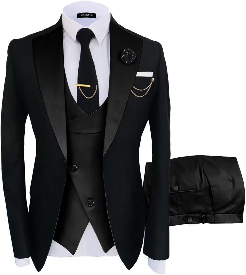 Wangyue Mens Suit 3 Piece Slim Fit Suits for Men Wedding Prom Tuxedo for Men Formal Business Suit (Large, Black)