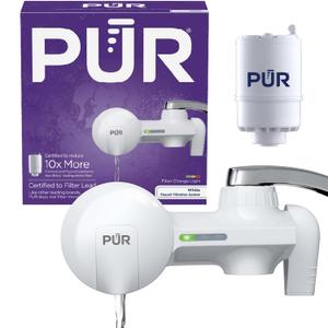 PUR Horizontal Faucet Mount Water Filtration System with Lead Reducing Filter for Cleaner, Filtered Tap Water, Lasts 100 Gallons, Sink Water Filter, Fits Most Kitchen or Bathroom Faucets, White