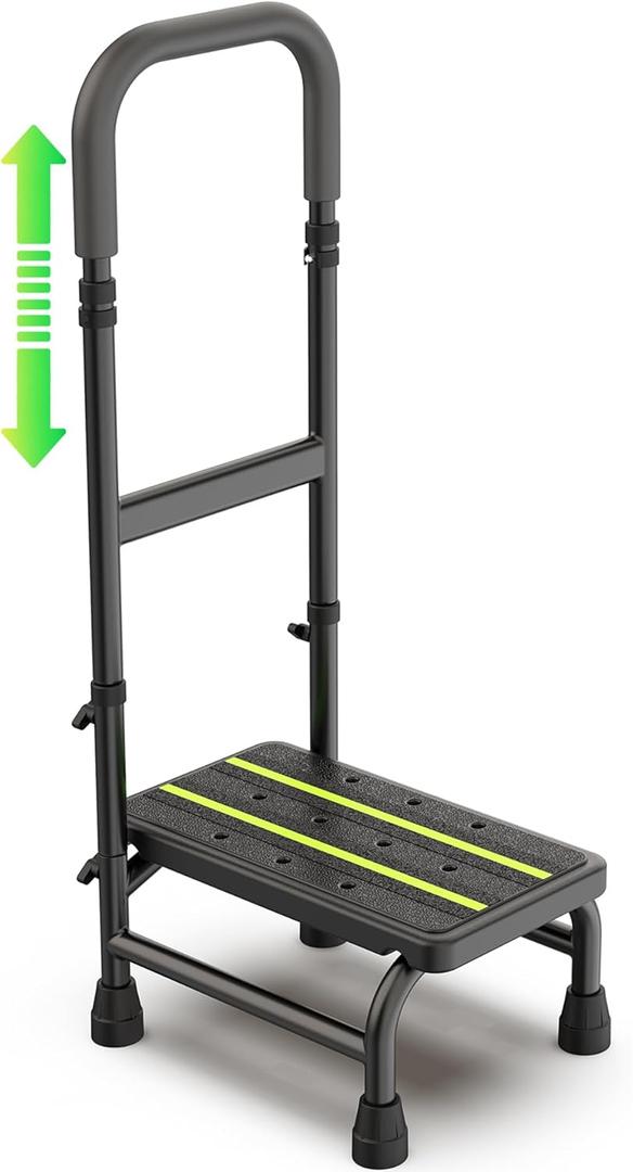 Step Stool with Handle for Elderly Adults, Non Skid Platform & Adjustable Handrail, Medical Stepping Stool for High Bed Mobility & Daily Living Aids, Bedside Car Stair Lift for Senior 350lbs (Black)