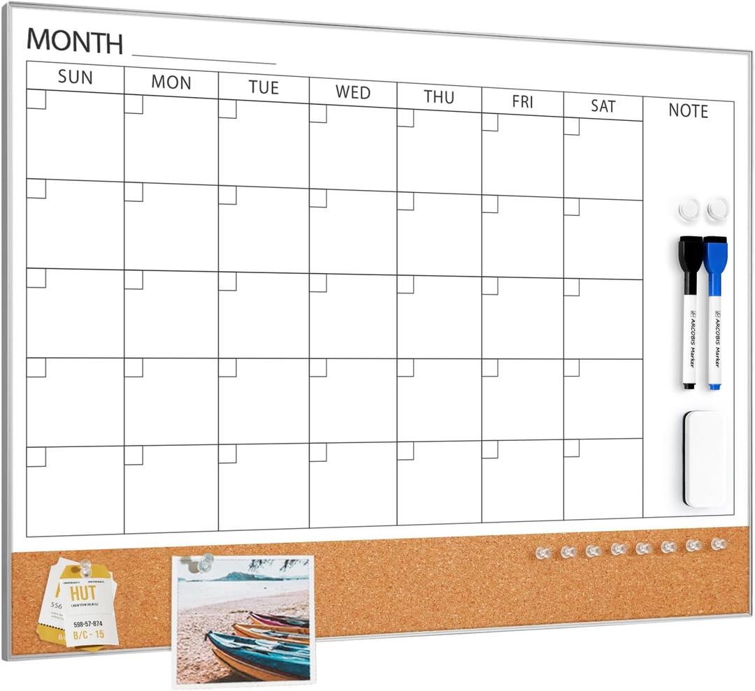 ARCOBIS Dry Erase Calendar with Cork Board for Wall | 24"x 18" Magnetic Calendar Whiteboard with Silver Frame, Monthly Combination Board for School, Home, Office