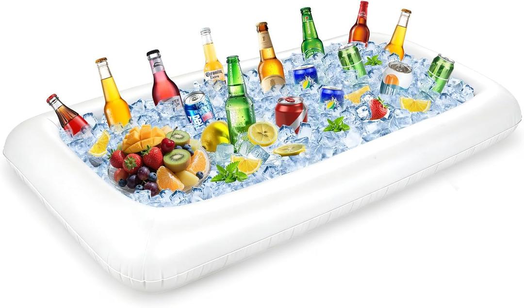Large Inflatable Ice Serving Bar for Food, Drinks, Salad, Floating Buffet Cooler Tray with Drain Plug for Pool Party, BBQ, Picnic, Camping, Beach, and Outdoor Supplies (White)