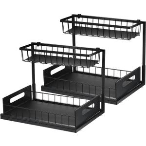 2 Set Under Sink Organizers and Storage, 2 Tier Sliding Bathroom Cabinet Organizer Pull Out Kitchen Cabinet Organizer, Multi-Purpose Basket Organizer Drawer