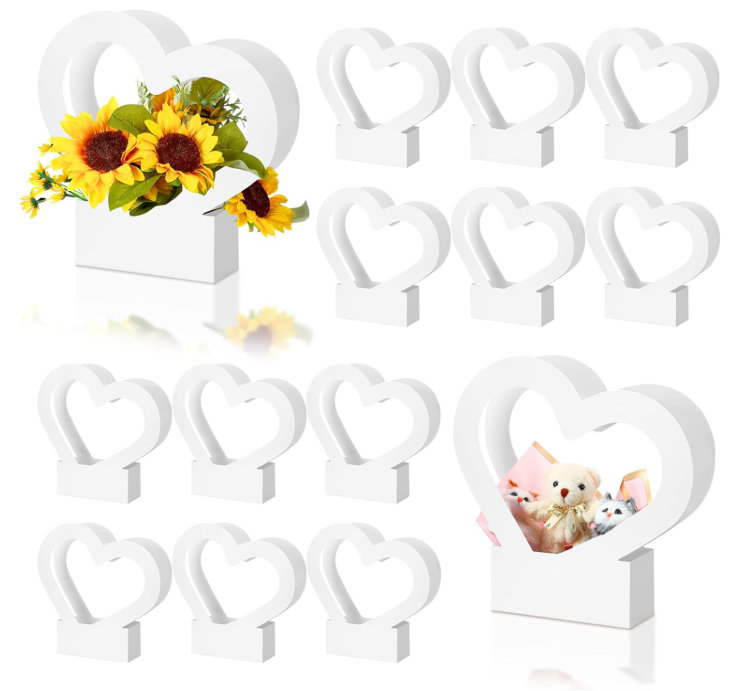 Sinmoe 12 Pcs Valentines Heart Shaped Boxes for Flowers Valentines Flower Gift Bag Wedding Empty Bouquet Gift Bags with Handle Folding Basket for Bridal Baby Shower Party Supply(Black)