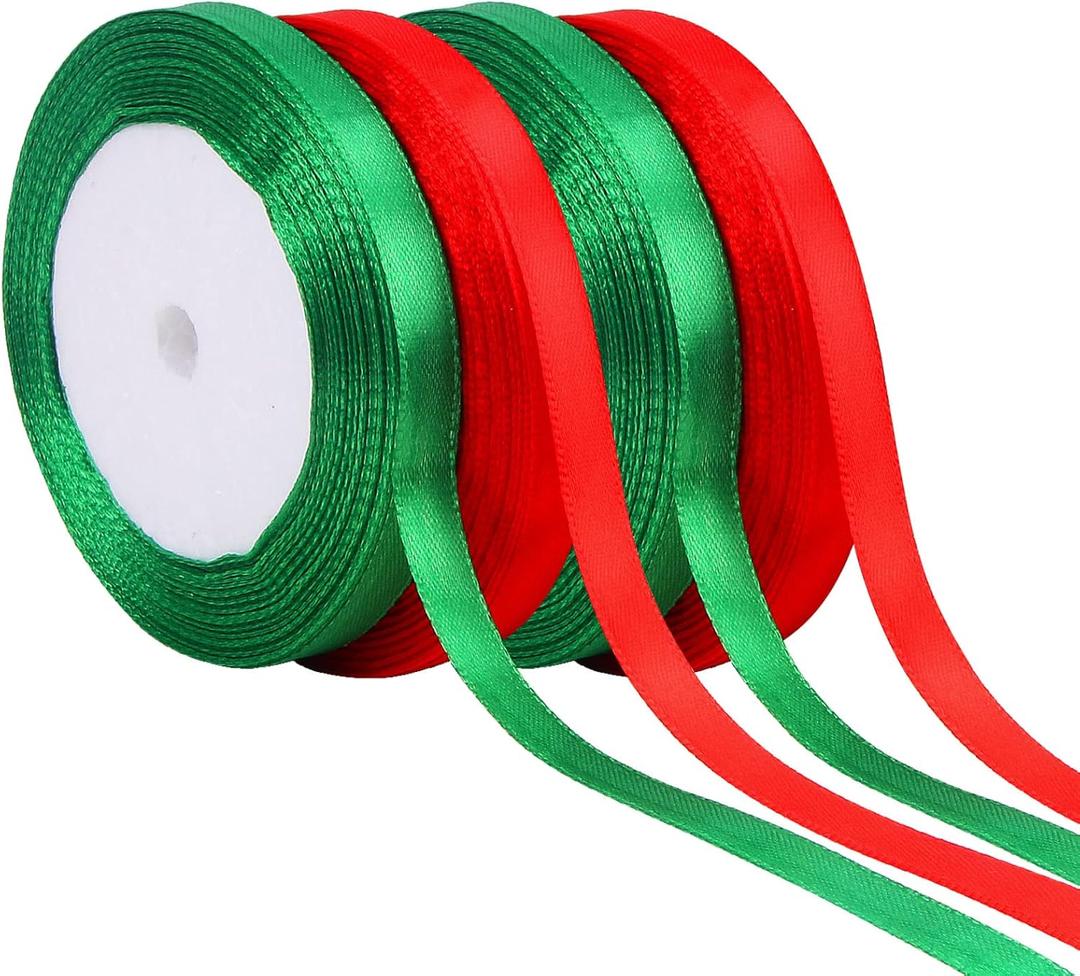 Gift Wrapping Satin Ribbon for Flower Bouquet Arts Crafts Sewing 25 Yard Each Roll Ribbon for Merry Christmas Decoration (Christmas Red Green-1, 3/8 inch Width) Pack of 2