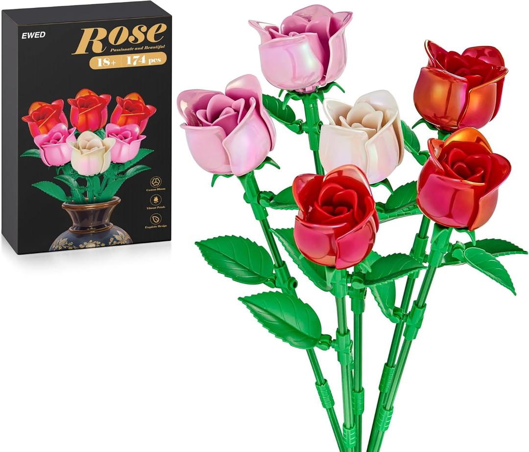 Rose Flower Bouquet Building Set 6-Pack, Thanksgiving Christmas Mother's Day or Valentine's Gifts Ideal for Women Girls Wife, Roses Toy Building Set Home Decor, Red & Pink & White (3 Red & 2 Pink & 1 White)