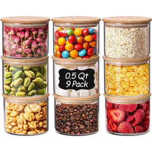 ComSaf 0.5 Qt Glass Food Storage Jars Set of 9, Clear Glass Storage Containers with Lids, Pantry Organization Jar, Spice, Salt, Blooming Tea, Coffee, Oat and Sugar Container, Small jar Set for Kitchen