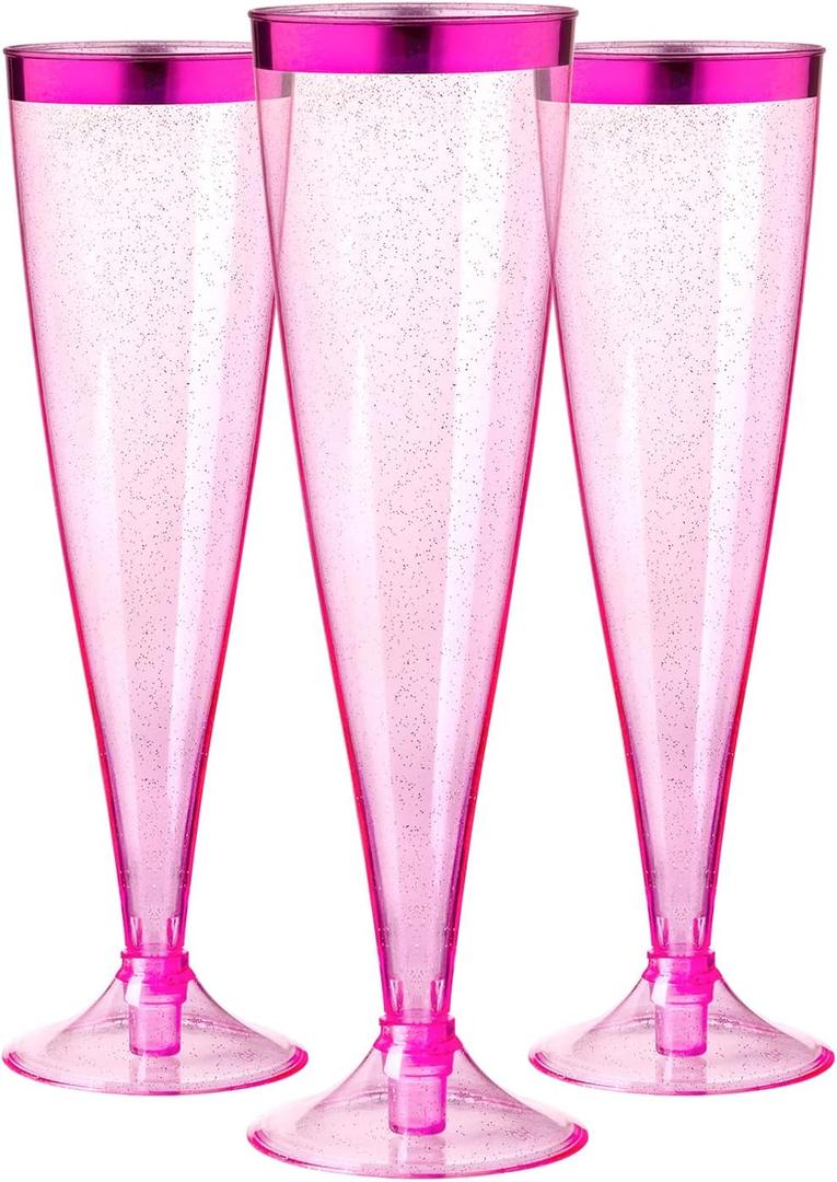 Homy Feel 5 OZ Pink Glitter Pink Rim Plastic Champagne Flutes 30 Pack, Disposable Wine Glasses,Plastic Champagne Glasses Champagne Punch,Mimosa Bar Wedding Cups for Party