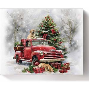 Christmas Paint by Number DIY Oil Painting on Canvas Christmas Red Truck Gift Xmas Tree Dog Pattern Paint by Numbers Kit for Adults and Kids Beginner (with Wooden Frame) 16" x 20",