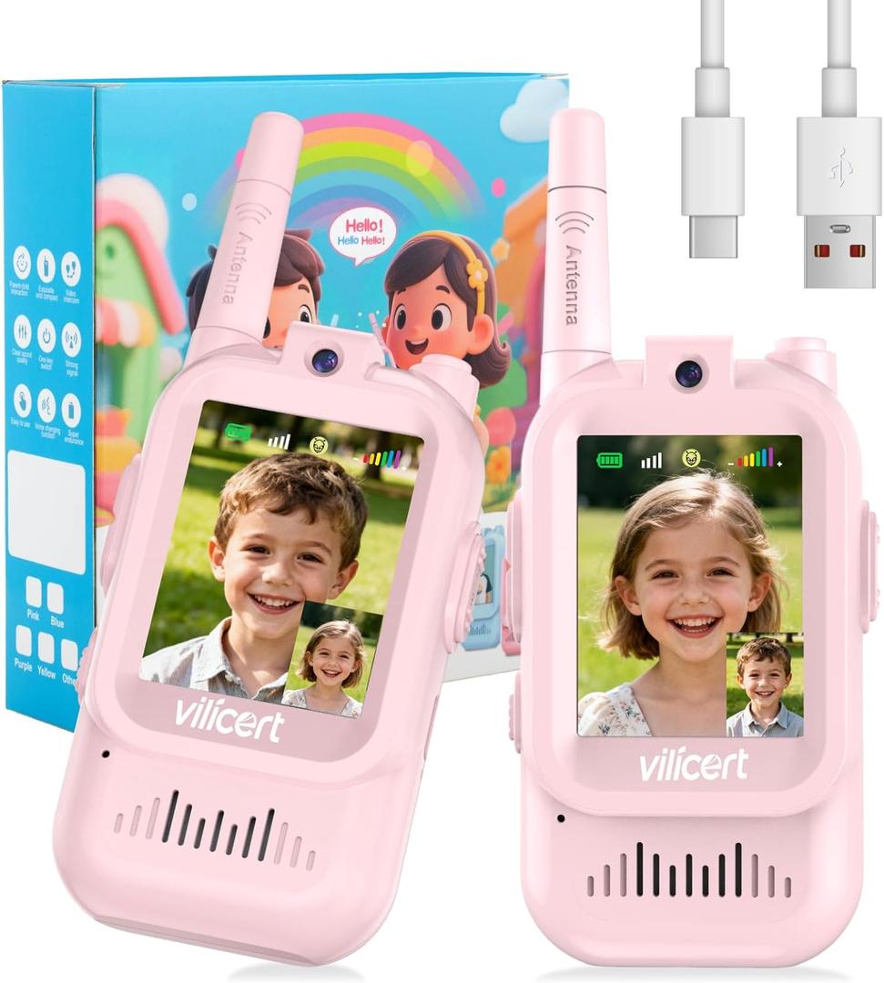 Kids Video Walkie Talkies for Age 3-12Rechargeable Radios with Screen, Voice Changer, Long Range - Christmas Birthday Gifts for Girls (Pink+Pink)