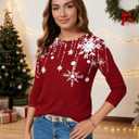 Christmas Shirts for Women Ladies Casual Round Neck Xmas Print Tops Loose Fit 3/4 Length Sleeve Large Deep Red (Red, L)