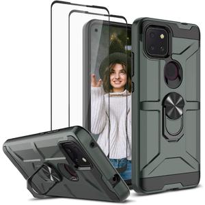 for T-Mobile Revvl 5G Case with 2 Tempered Glass Screen Protector, Full Body Hybrid Hard PC Soft TPU Rotating Kickstand Ring Military Grade Shockproof Protective Case for TCL Revvl 5G, Midnight Green