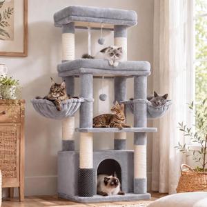 Hey-brother Cat Tree Tower with Extra Large Platform, Big Condo, MPJ070W
51.1 Inches Scratching Posts with 2 Cozy Hammocks, Self-Grooming Brush for Indoor Adult Cats, Maine Coon, Light Gray