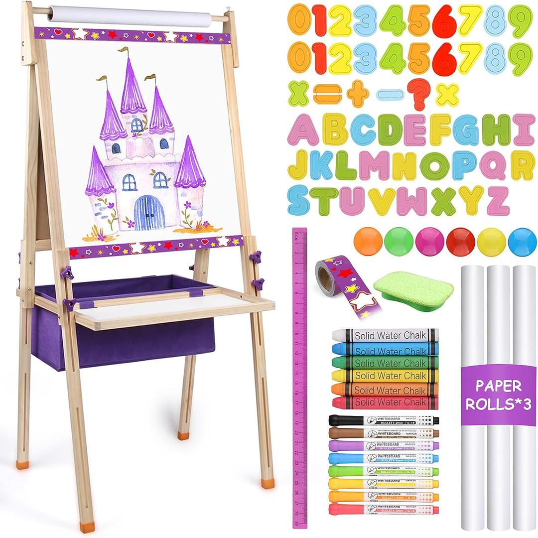 Art Easel for Kids Ages 4-8, Premium Whiteboard & Chalkboard with 3 Paper Roll, Adjustable Double-Sided Easel Stand, Perfect Birthday Halloween Thanks Giving Christmas Gifts (Purple) Art Easel for Kids Ages 4-8, Premium Whiteboard & Chalkboard with 3 Paper Roll, Adjustable Double-Sided Easel Stand, Perfect Birthday Halloween Thanks Giving Christmas Gifts (Purple)