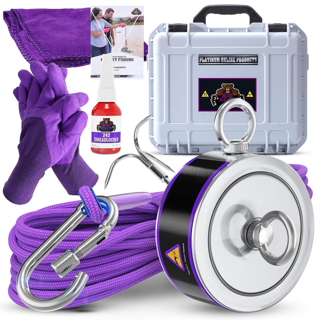 2600LBs Complete Magnet Fishing Kit | Double Sided Fishing Magnet Kit with Case | Includes Strong Neodymium N52 Magnets, Durable 65ft Rope, Carabiner, Gloves, Grappling Hook & Carry Case
