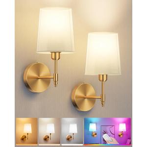 Ouyulong Battery Operated Wall Sconces Set of 2, Wireless Rechargeable Dimmable Wall Light with 5600mAh RGB Bulb and Remote for Bedroom, Living Room, Hallway (Gold)