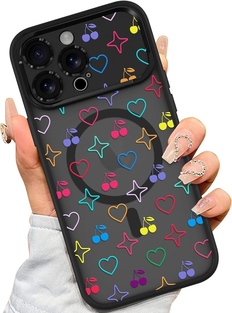 AIGOMARA Magnetic Case for iPhone 14 Pro [Compatible with MagSafe] Cute Cherry Heart Pattern Design Soft TPU Bumper Hard PC Back Anti-Fall Shockproof Camera Proctive Slim Cover