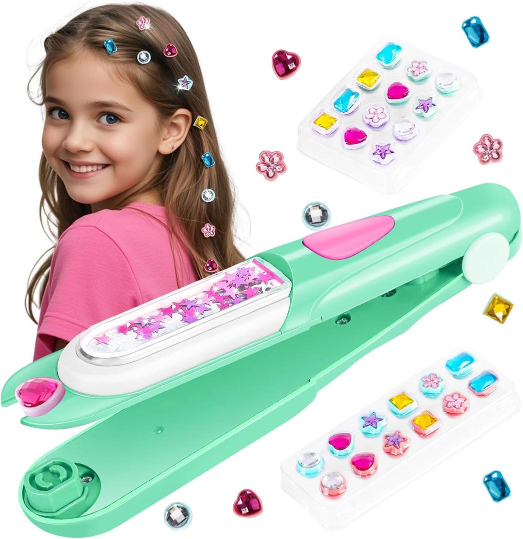 kidzkube Hair Gem Stamper Kit, Bling Hair Jewels for Girls Toys, Hair Styling Tool with Reusable Shining Diamonds, Birthday Gifts Toys for Girls Ages 3 4 5 6 8-12 (Green)