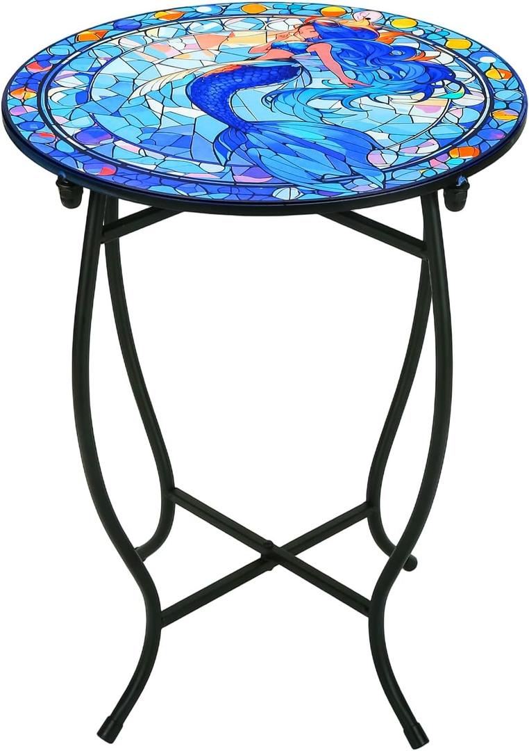 Indoor Outdoor Metal Round Side Table, 14 Inch Round Patio Coffee Bistro Table, Weather Resistant Black Metal Side Table for Patio Balcony Yard Porch Garden, Plant Stand for Indoor Outdoor Use (Fish)